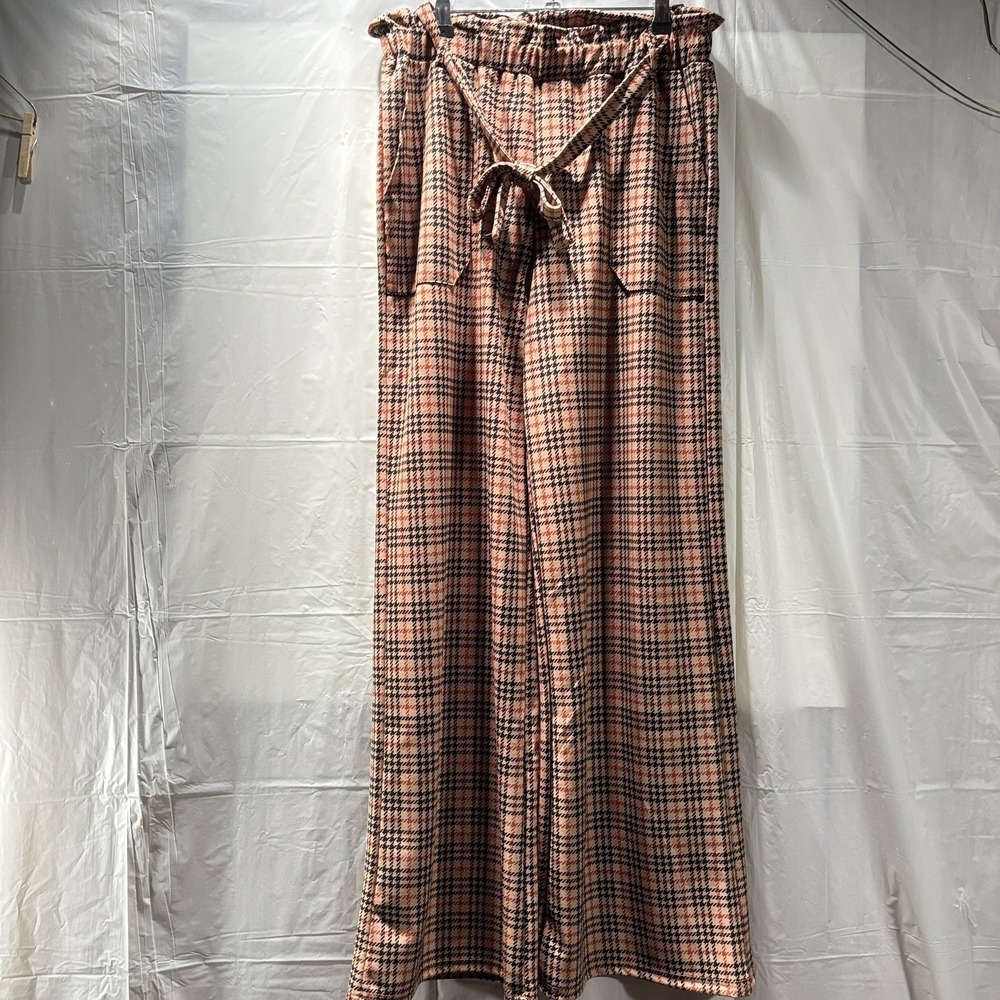 Lark+Grey Women's Tan Plaid‎ Wide Leg Pull On with Tie Dress Pants Size M